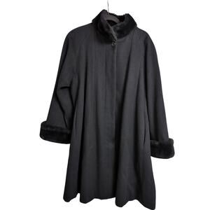 Steve by Searle Black Wool Blend Coat Faux Fur Trim Button Front Vintage XL-est